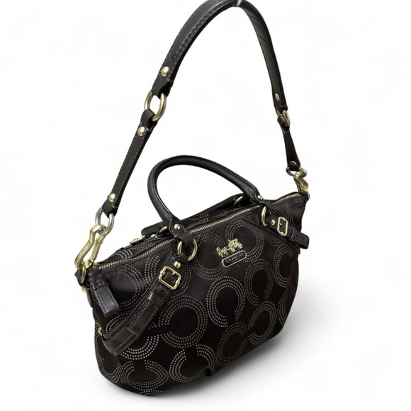 Y2K Coach Dark Brown Op Art Signature Satin and Leather Madison Satchel 15935 - Picture 1 of 8